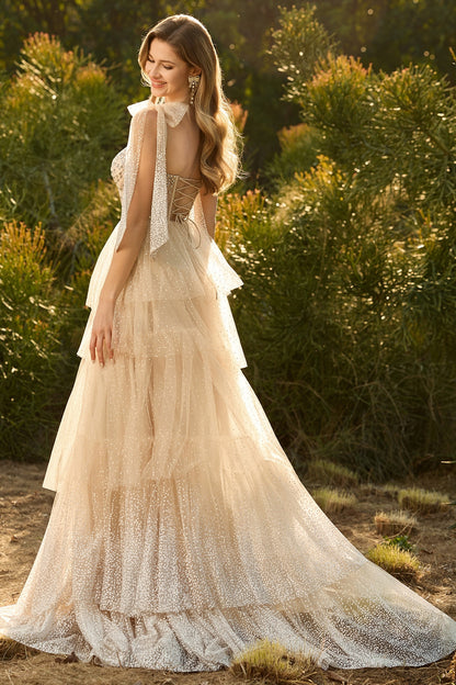 Sparkly Apricot Polka Dots Tiered Beaded Long Corset Prom Dress with Bows