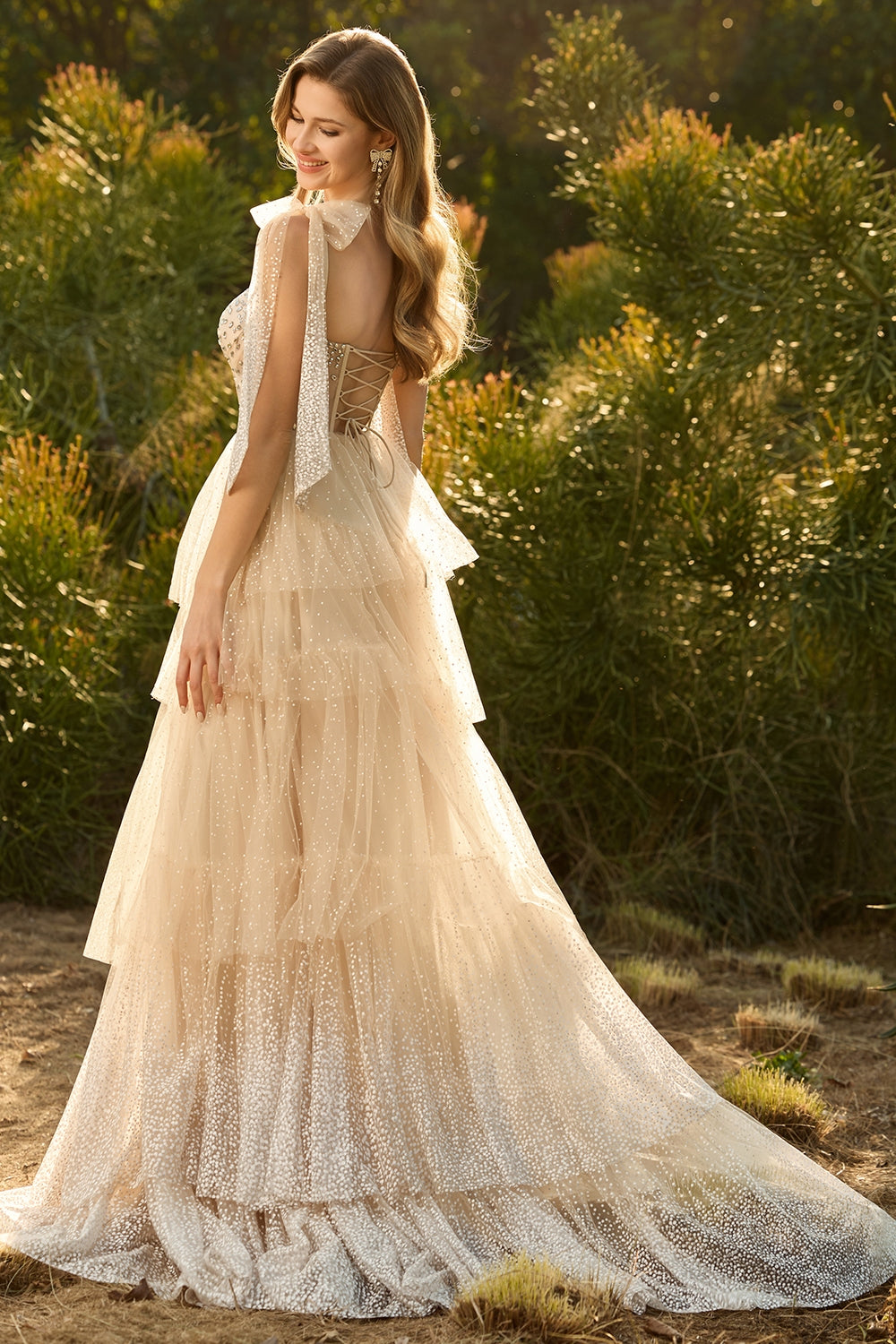 Sparkly Pink Tiered Polka Dots Beaded Long Corset Prom Dress with Ruffles