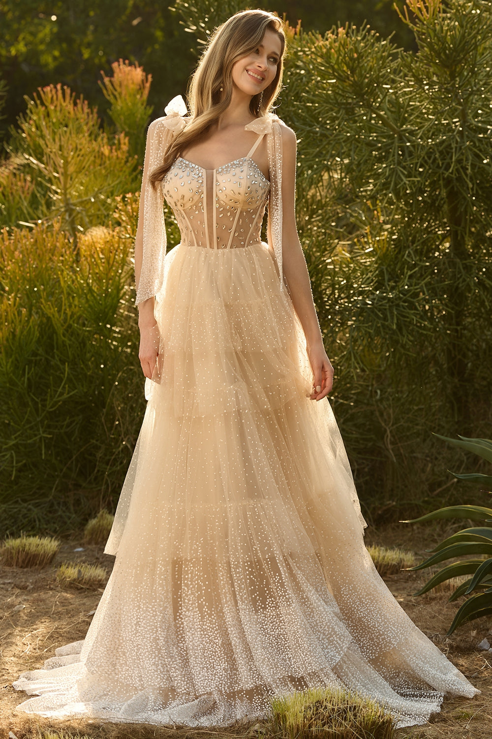 Sparkly Champagne Polka Dots Beaded A Line Long Corset Prom Dress with Ruffles