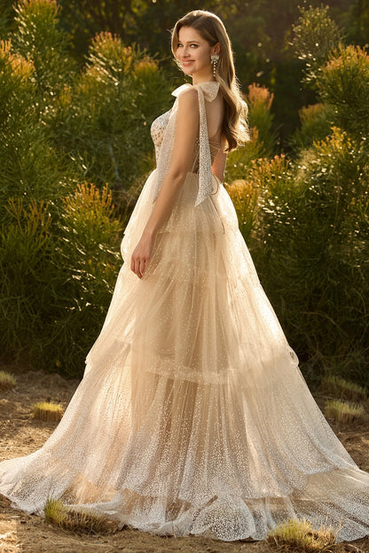 Sparkly Champagne Polka Dots Beaded A Line Long Corset Prom Dress with Ruffles