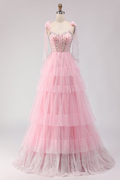 Sparkly Pink Tiered Polka Dots Beaded Long Corset Prom Dress with Ruffles