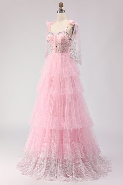 Sparkly Apricot Polka Dots Tiered Beaded Long Corset Prom Dress with Bows