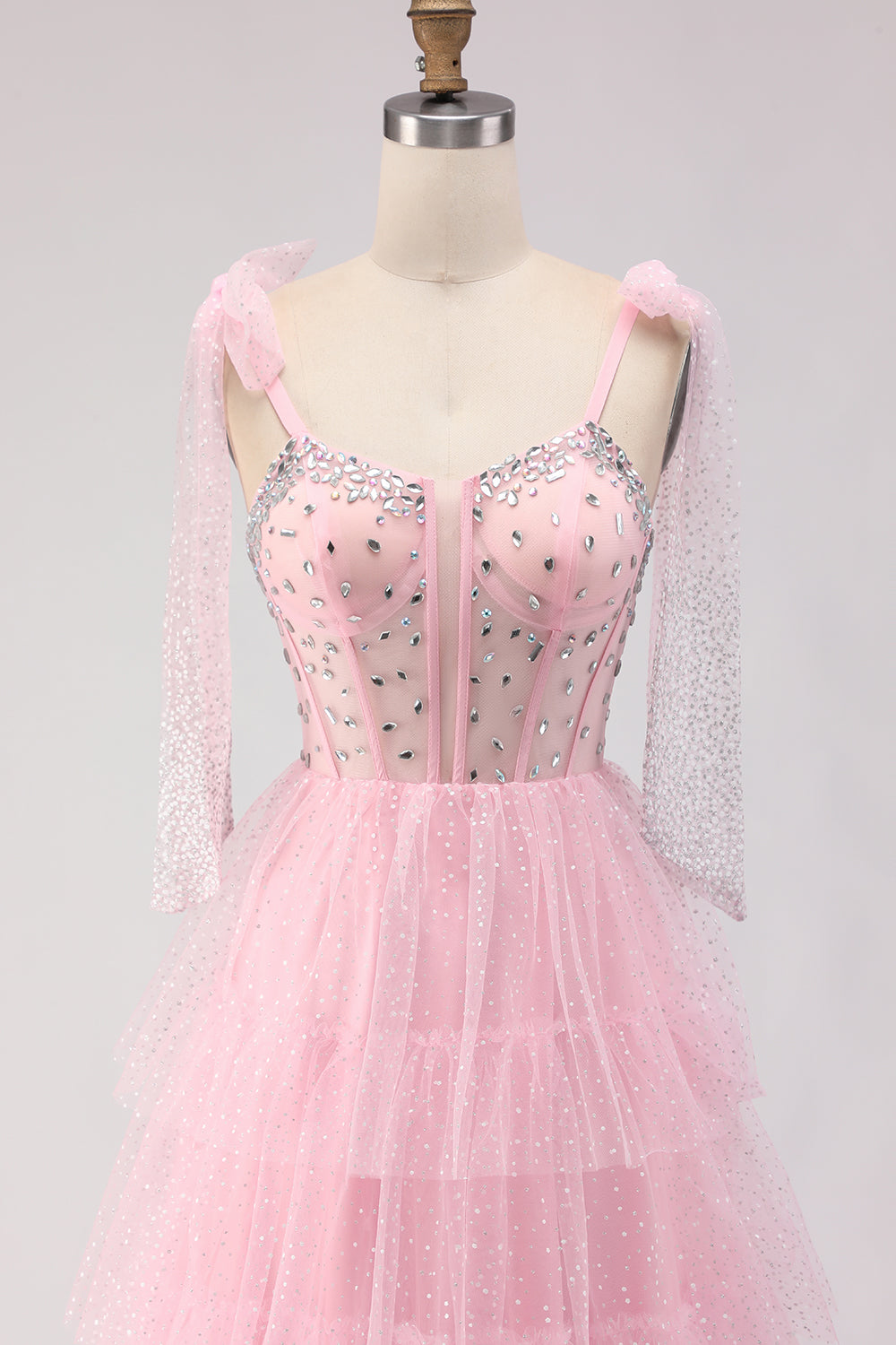 Sparkly Apricot Polka Dots Tiered Beaded Long Corset Prom Dress with Bows