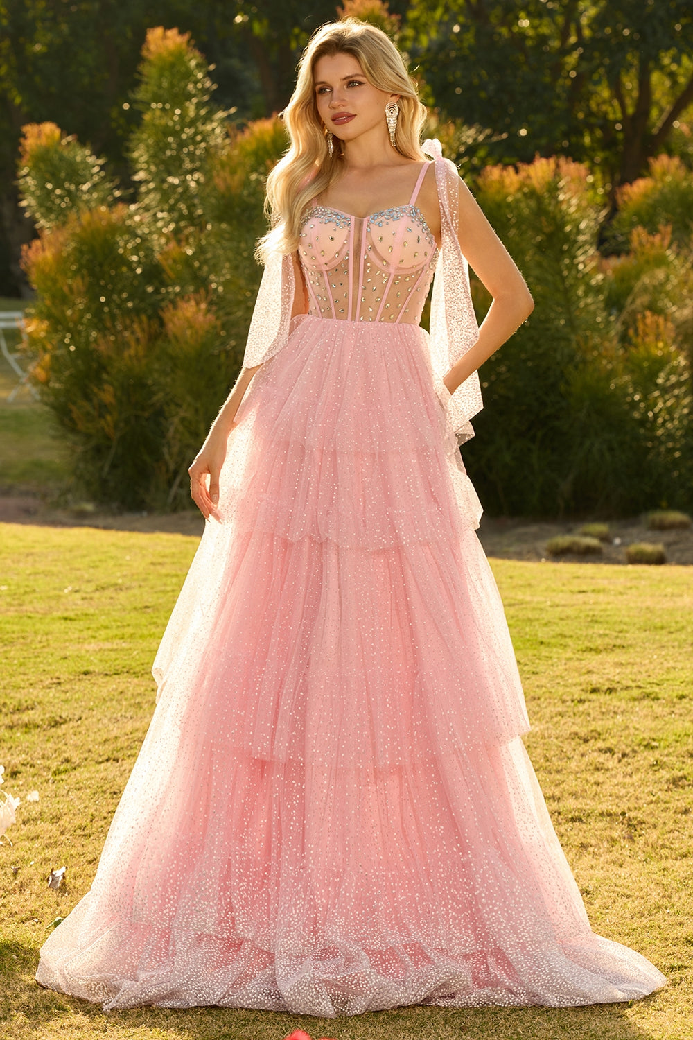 Sparkly Pink Tiered Polka Dots Beaded Long Corset Prom Dress with Ruffles