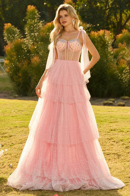 Sparkly Champagne Polka Dots Beaded A Line Long Corset Prom Dress with Ruffles