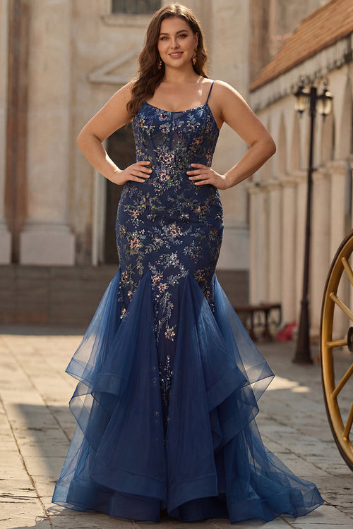Sparkly Navy Pus Size Floral Ruffled Spaghetti Straps Mermaid Long Corset Prom Dress