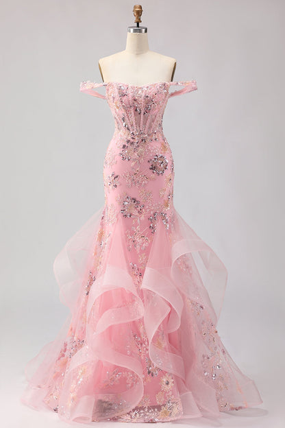 Sparkly Floral Blush Plus Size Mermaid Ruffled Long Corset Prom Dress