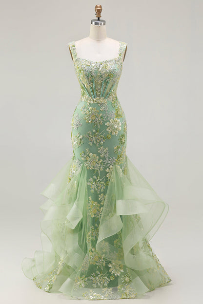 Sparkly Floral Blush Plus Size Mermaid Ruffled Long Corset Prom Dress