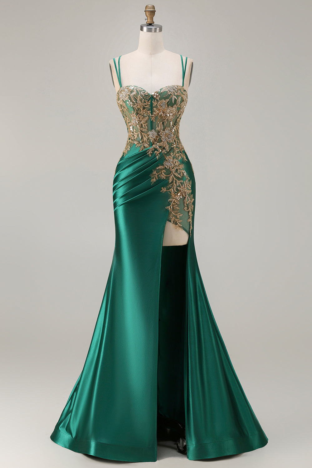 Plus Size Sparkly Floral Dark Green Mermaid Satin Long Corset Prom Dress with Slit