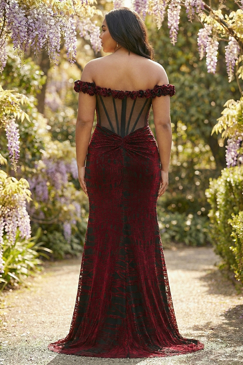 Black and Red Mermaid Plus Size Floral Long Corset Prom Dress with Slit