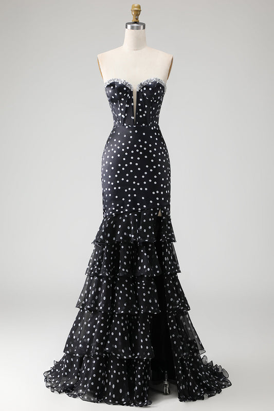Black and White Ploka Dots Mermaid Corset Long Prom Dress with Ruffles