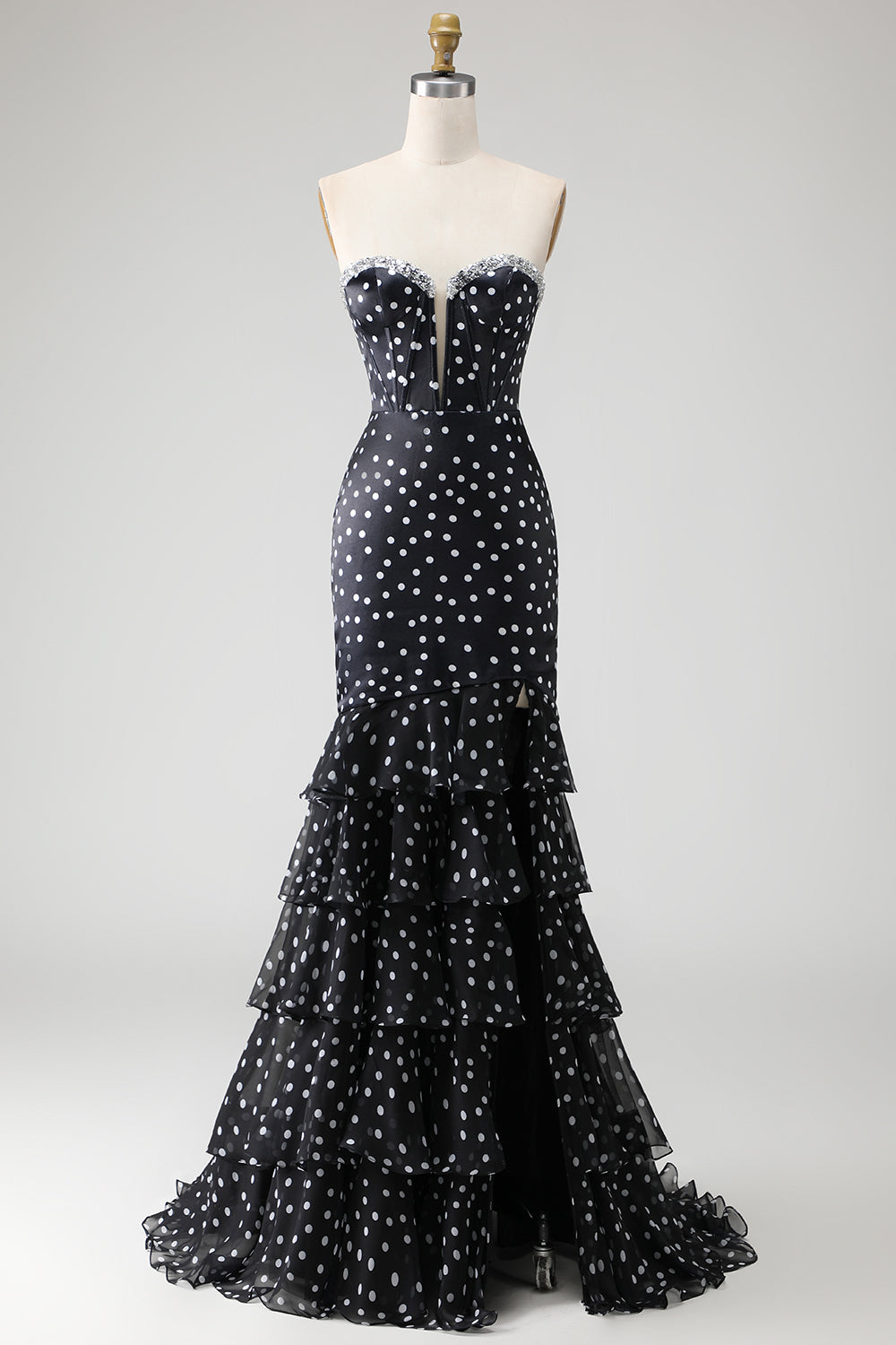 Black and White Polka Dots Mermaid Long Corset Prom Dress with Ruffles