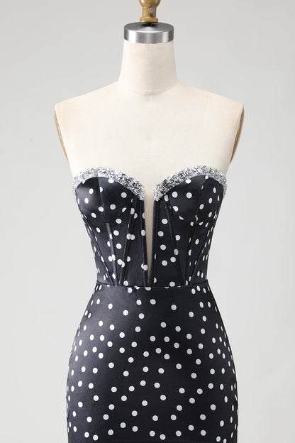 Black and White Ploka Dots Mermaid Corset Long Prom Dress with Ruffles