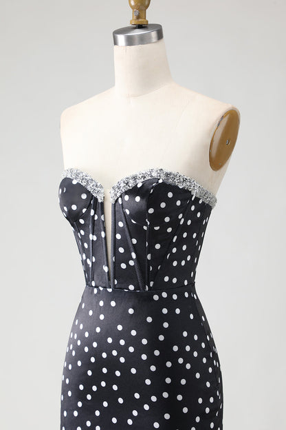 Black and White Ploka Dots Mermaid Corset Long Prom Dress with Ruffles