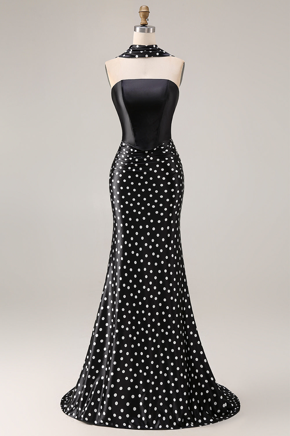 Black and White Polka Dots Neck Scarf Mermaid Long Prom Dress