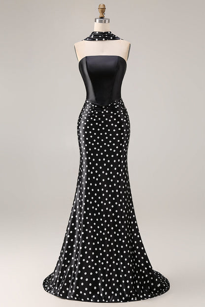 Black and White Satin Mermaid Polka Dots Neck Scarf Long Prom Dress