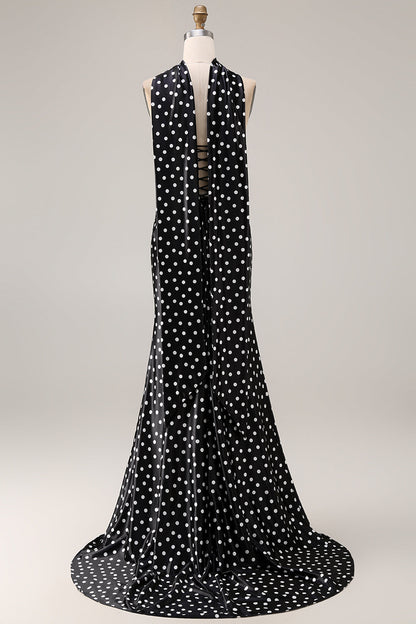 Black and White Satin Mermaid Polka Dots Neck Scarf Long Prom Dress