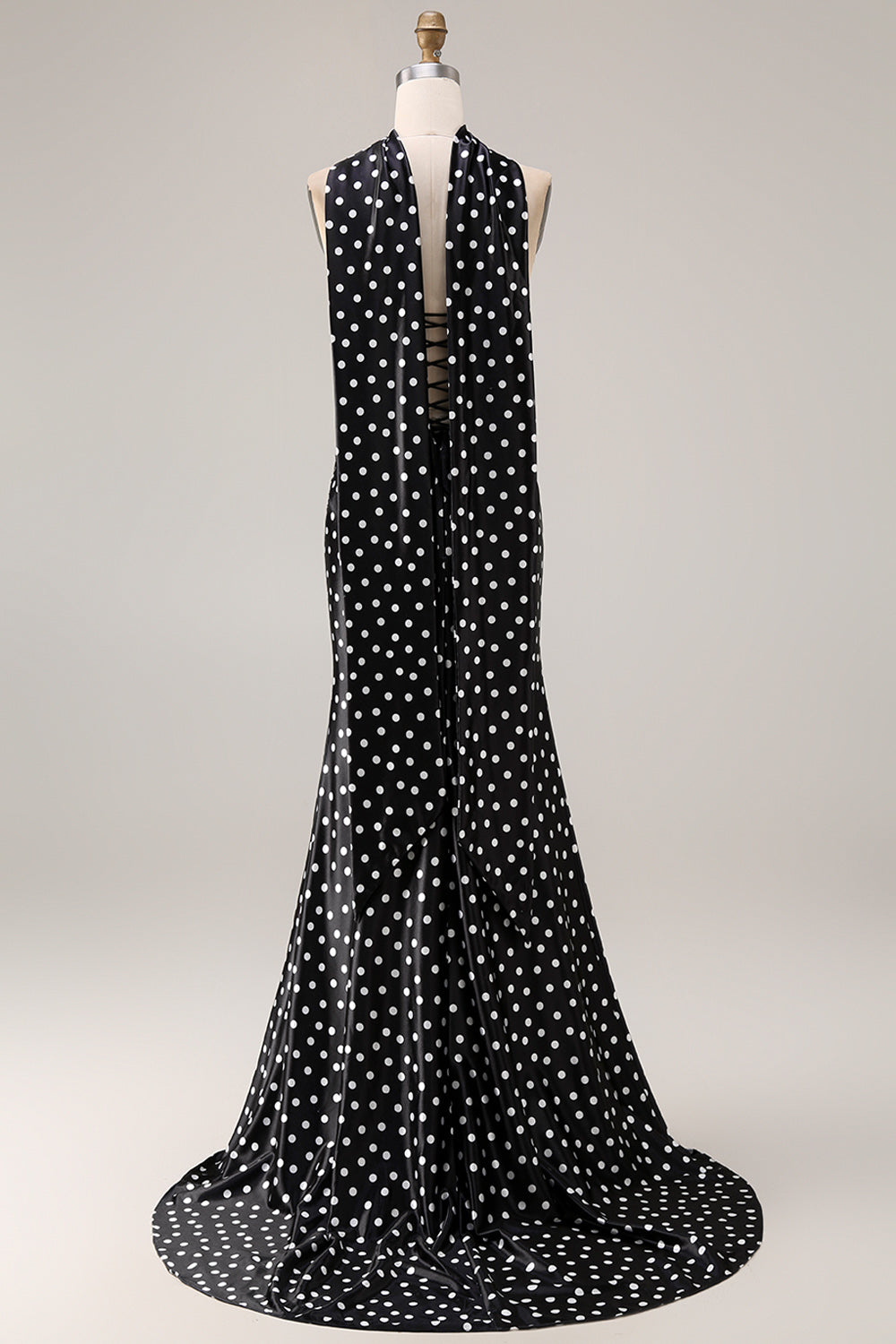 Black and White Polka Dots Mermaid Neck Scarf Satin Long Prom Dress