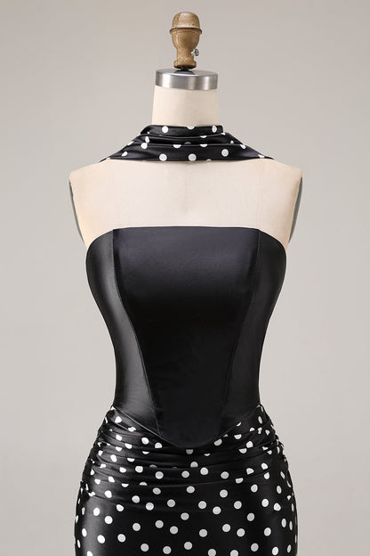 Black and White Satin Mermaid Polka Dots Neck Scarf Long Prom Dress