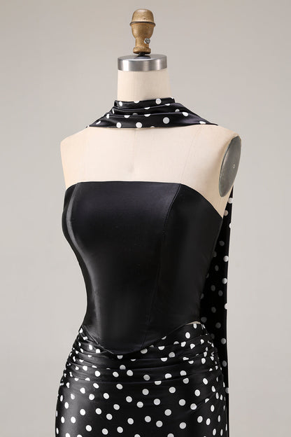 Black and White Satin Mermaid Polka Dots Neck Scarf Long Prom Dress
