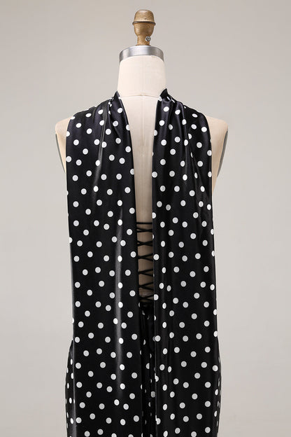 Black and White Satin Mermaid Polka Dots Neck Scarf Long Prom Dress