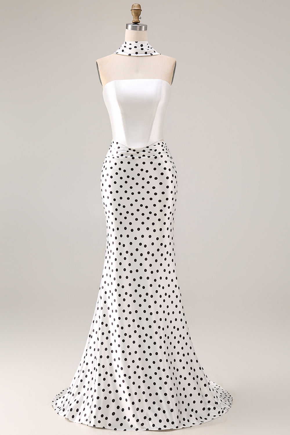 Black and White Polka Dots Mermaid Neck Scarf Satin Long Prom Dress