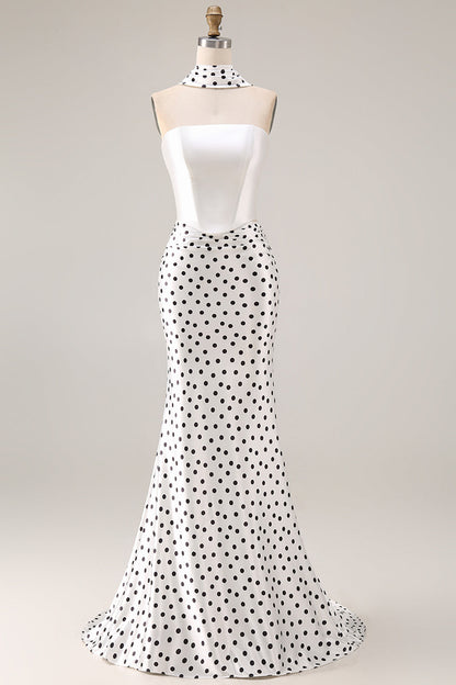 Black and White Polka Dots Neck Scarf Mermaid Long Prom Dress