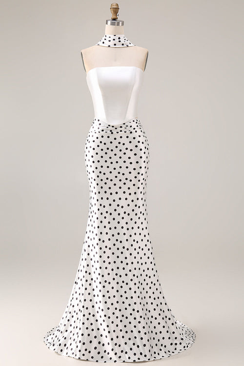 Black and White Neck Scarf Polka Dots Long Mermaid Prom Dress