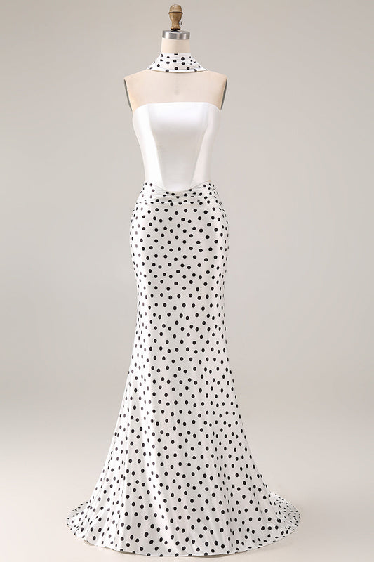 Black and White Neck Scarf Polka Dots Long Mermaid Prom Dress