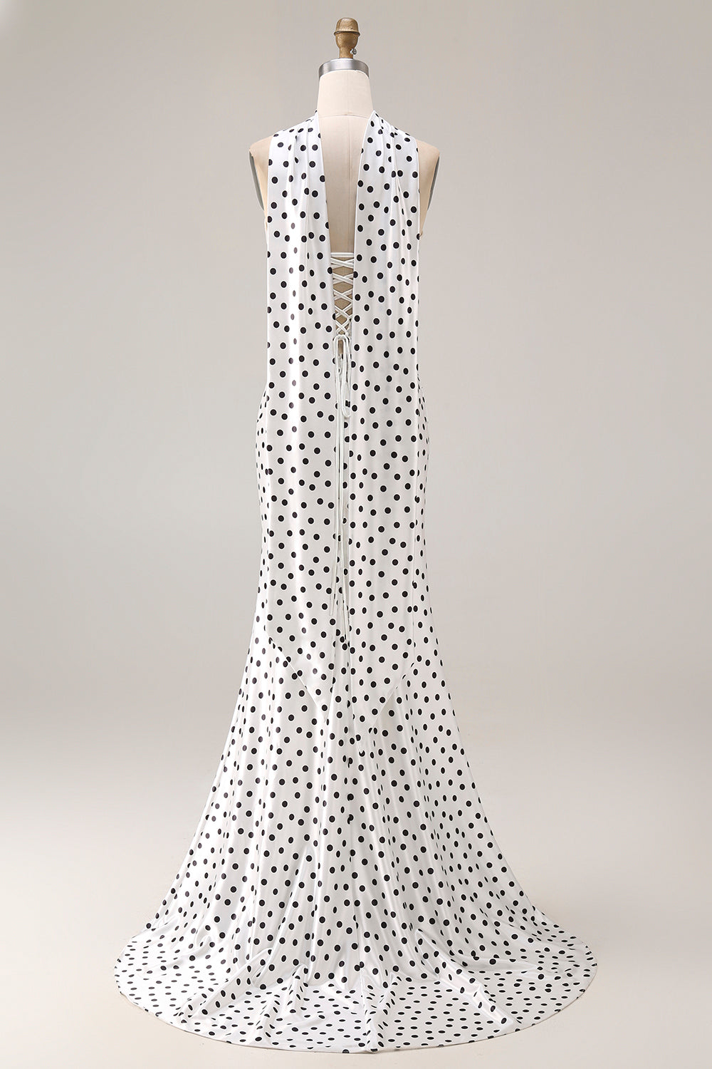 Black and White Polka Dots Neck Scarf Mermaid Long Prom Dress