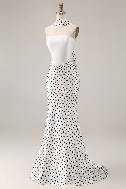 Black and White Satin Mermaid Polka Dots Neck Scarf Long Prom Dress