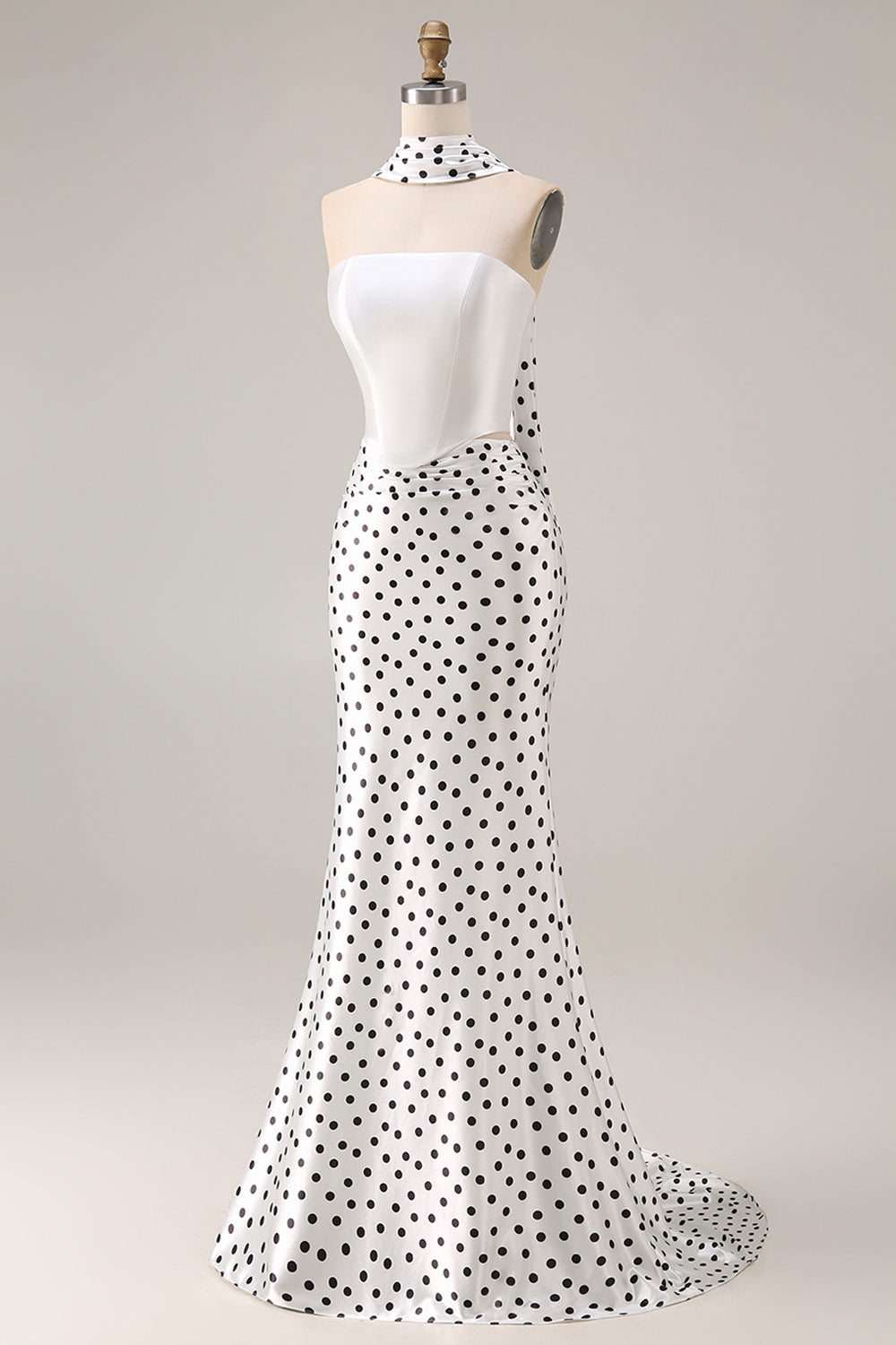 Black and White Neck Scarf Polka Dots Long Mermaid Prom Dress