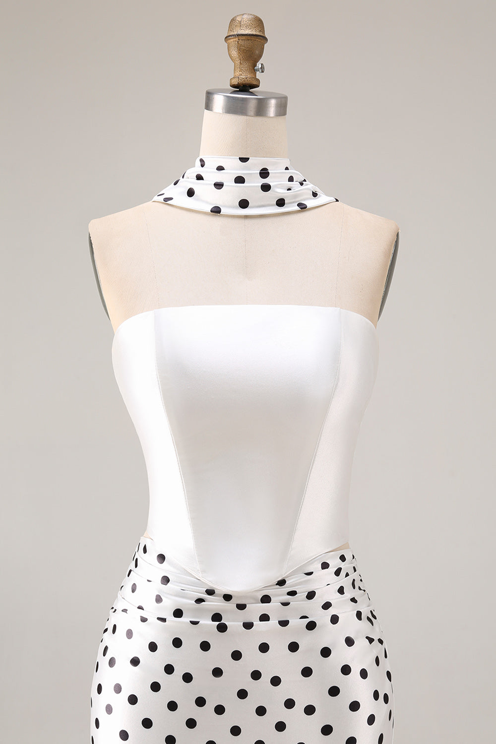 Black and White Neck Scarf Polka Dots Long Mermaid Prom Dress