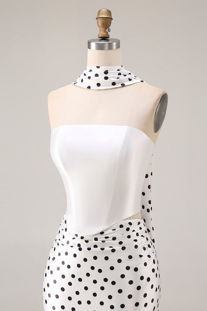 Black and White Neck Scarf Polka Dots Long Mermaid Prom Dress