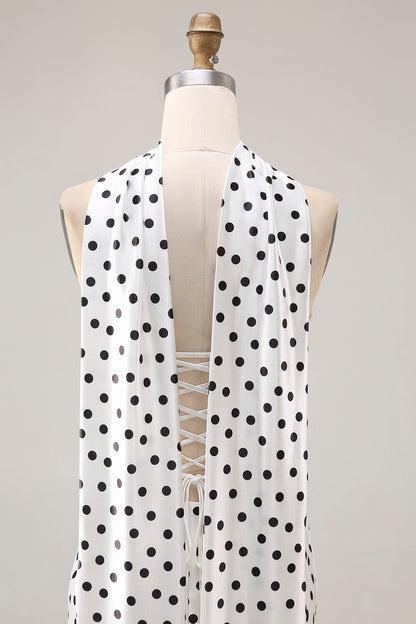 Black and White Neck Scarf Polka Dots Long Mermaid Prom Dress