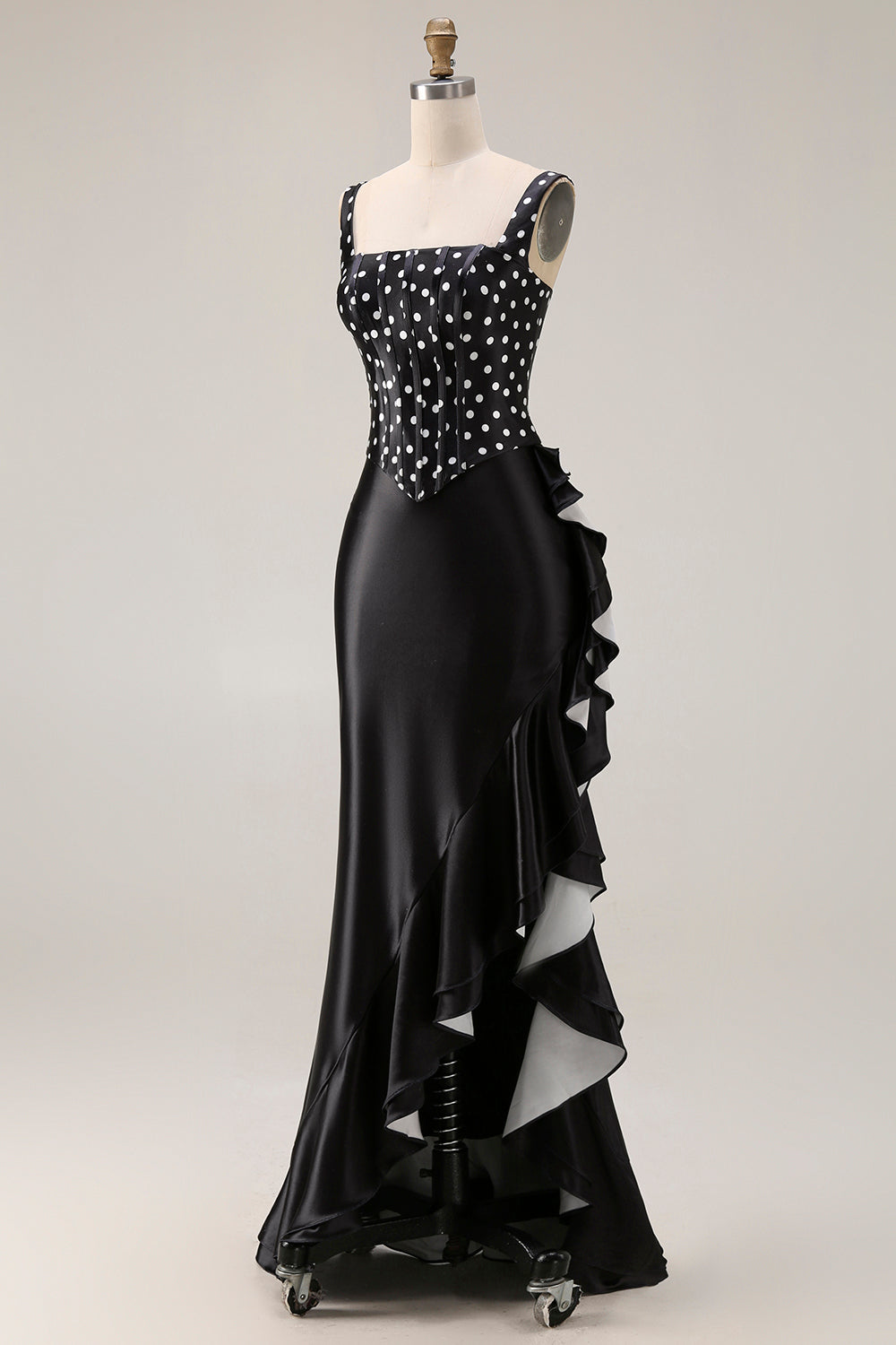 Black and White Polka Dots Corset Mermaid Asymmetrical Prom Dress with Ruffles