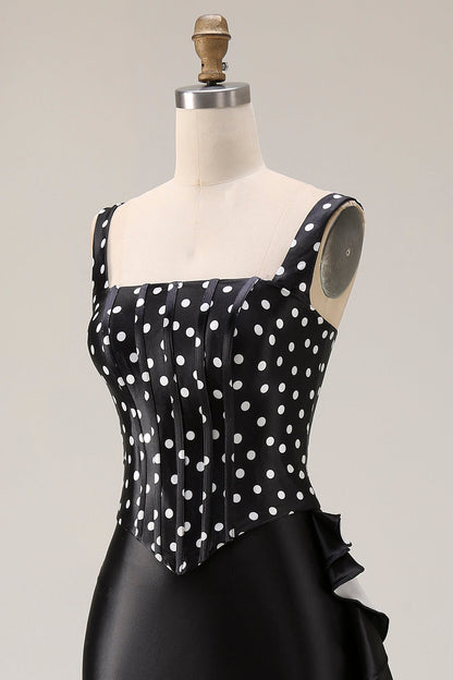 Black and White Polka Dots Corset Mermaid Asymmetrical Prom Dress with Ruffles