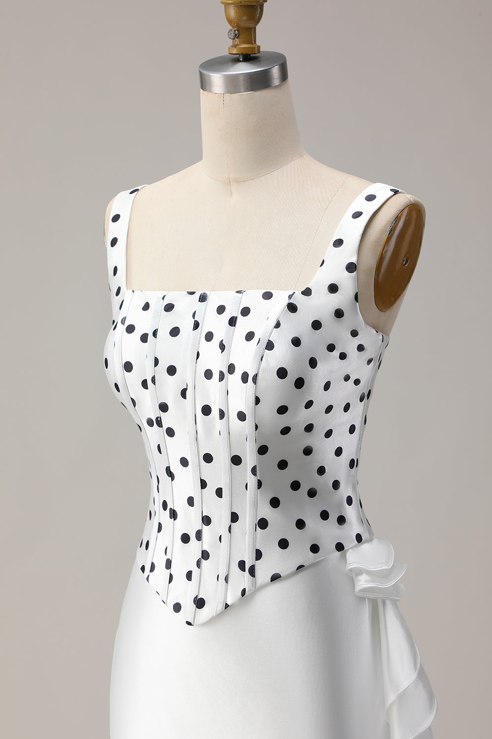 Black and White Polka Dots Corset Mermaid Asymmetrical Prom Dress with Ruffles