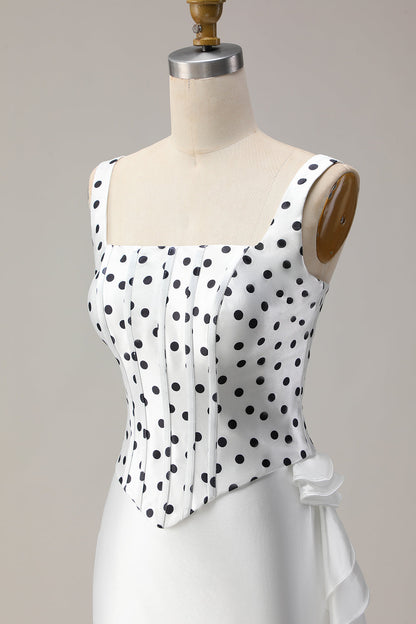 Black and White Polka Dots Corset Mermaid Asymmetrical Prom Dress with Ruffles