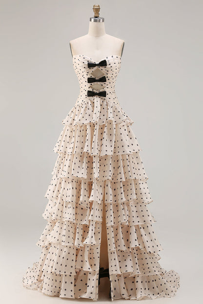 Apricot Black Polka Dots A Line Tiered Strapless Long Corset Prom Dress with Keyhole