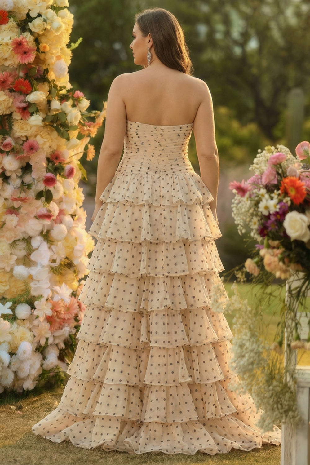 Apricot Black Polka Dots A Line Tiered Strapless Long Corset Prom Dress with Keyhole