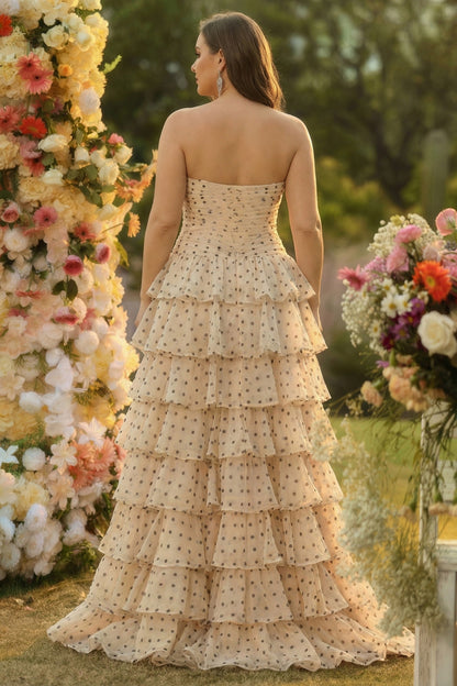 Apricot Black Polka Dots A Line Tiered Strapless Long Corset Prom Dress with Keyhole