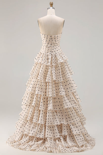 Apricot Black Polka Dots A Line Tiered Strapless Long Corset Prom Dress with Keyhole