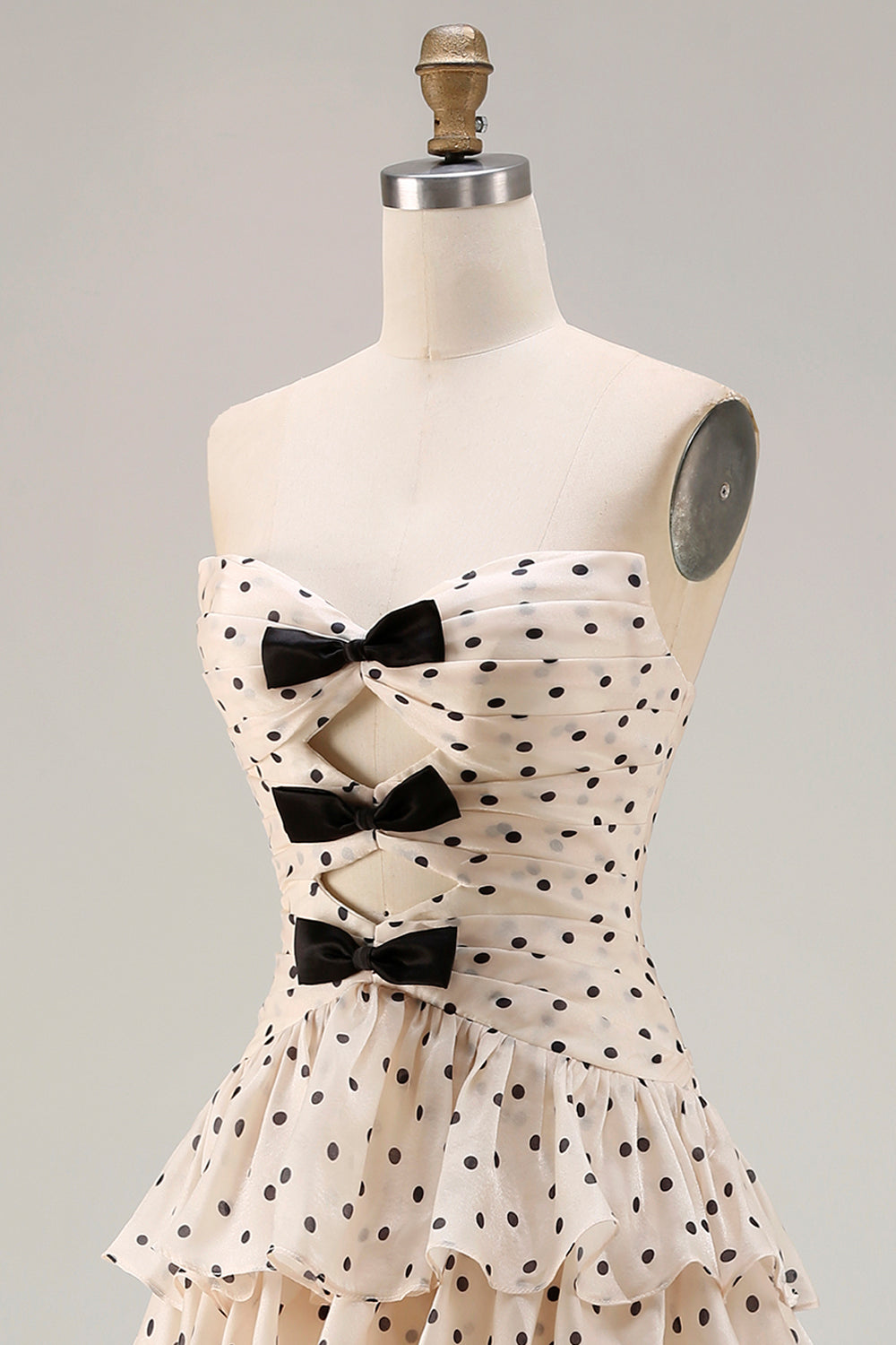 Black and Apricot Polka Dots A Line Strapless Long Corset Prom Dress with Keyhole