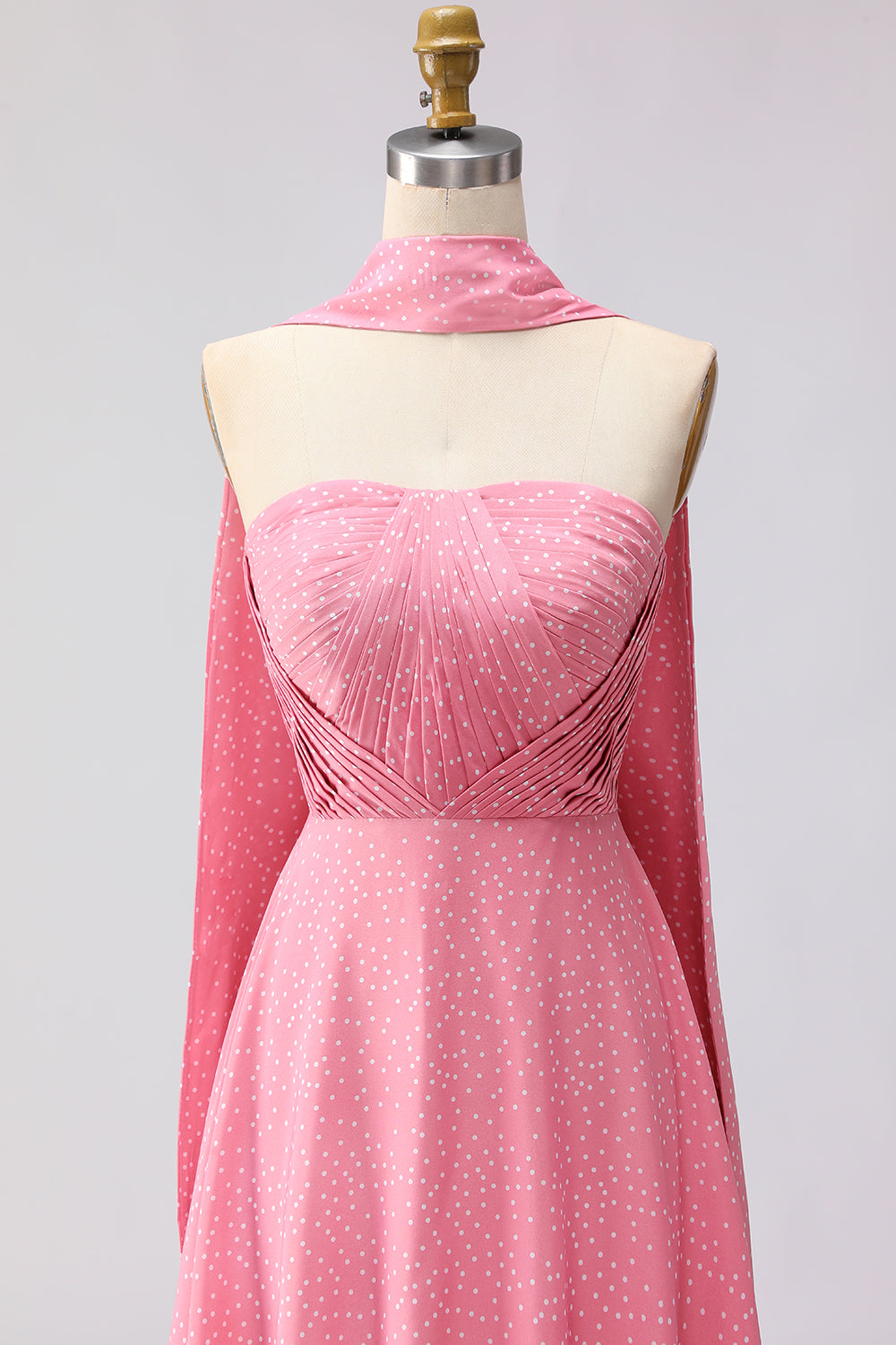 Pink White Polka Dots Neck Scarf A Line Long Bridesmaid Dress