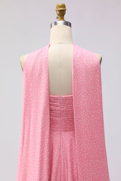Green White Polka Dots A Line Neck Scarf Long Bridesmaid Dress