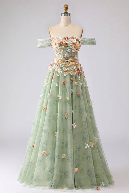 Plus Size Green Off the Shoulder Floral Long A Line Prom Dress with 3D Flowers