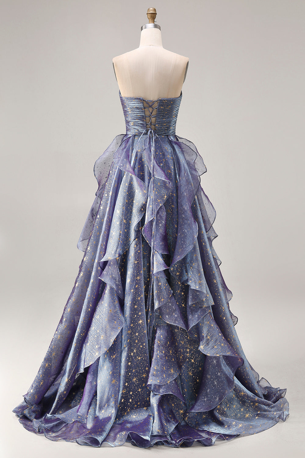 Plus Size Glitter Dusty Blue A Line Ruffled Long Prom Dress with Bow