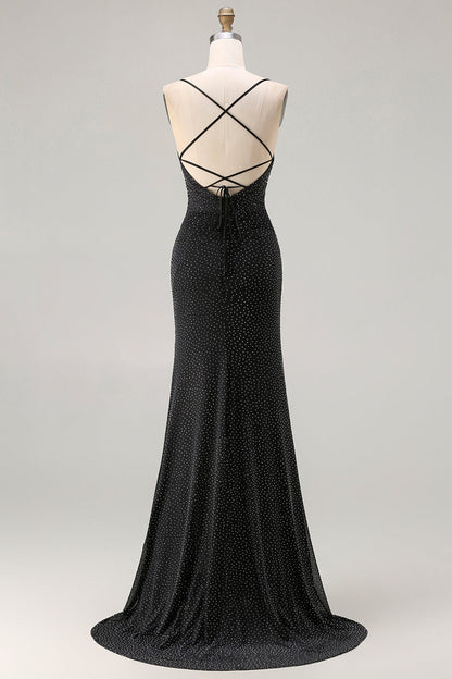 Sparkly Black Mermaid Polka Dots Criss Cross Back Long Prom Dress with Slit