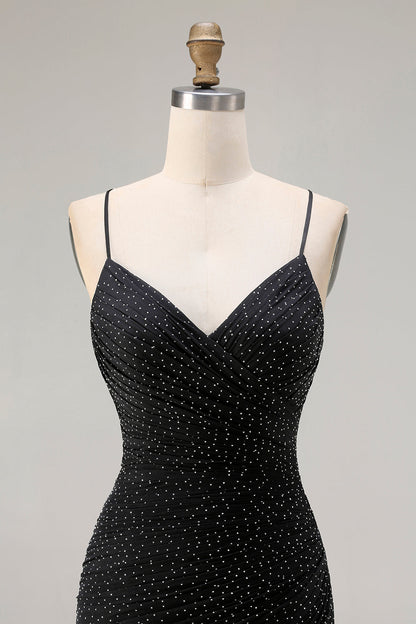 Black Polka Dots Mermaid Criss Cross Back Long Prom Dress with Slit